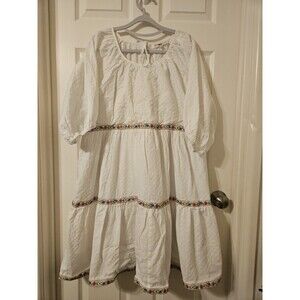 Brass & Roe White Embroidered Cotton Boho Midi Dress Layered Tie Puff  Sleeve XL